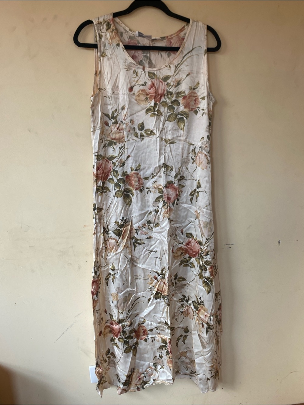 Floral Ivory Maxi Night Dress with Pink Rose Print, L